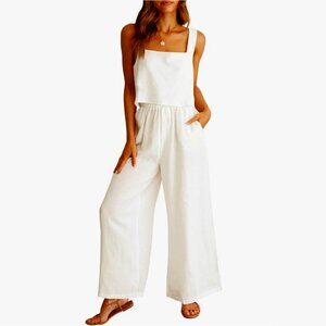 Lightweight Linen Blend Two Piece Crop Top & Wide Leg Pant Set in White, M NWT